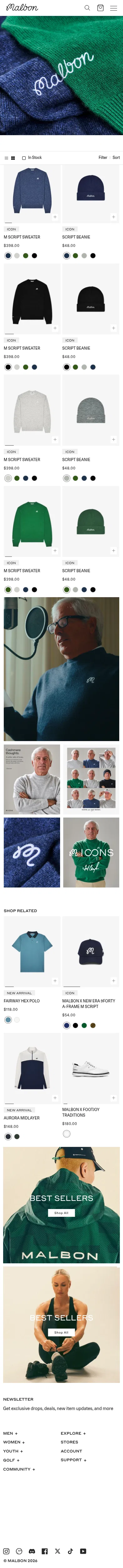 malbon.com/collections/icon-sweaters on mobile, full screenshot