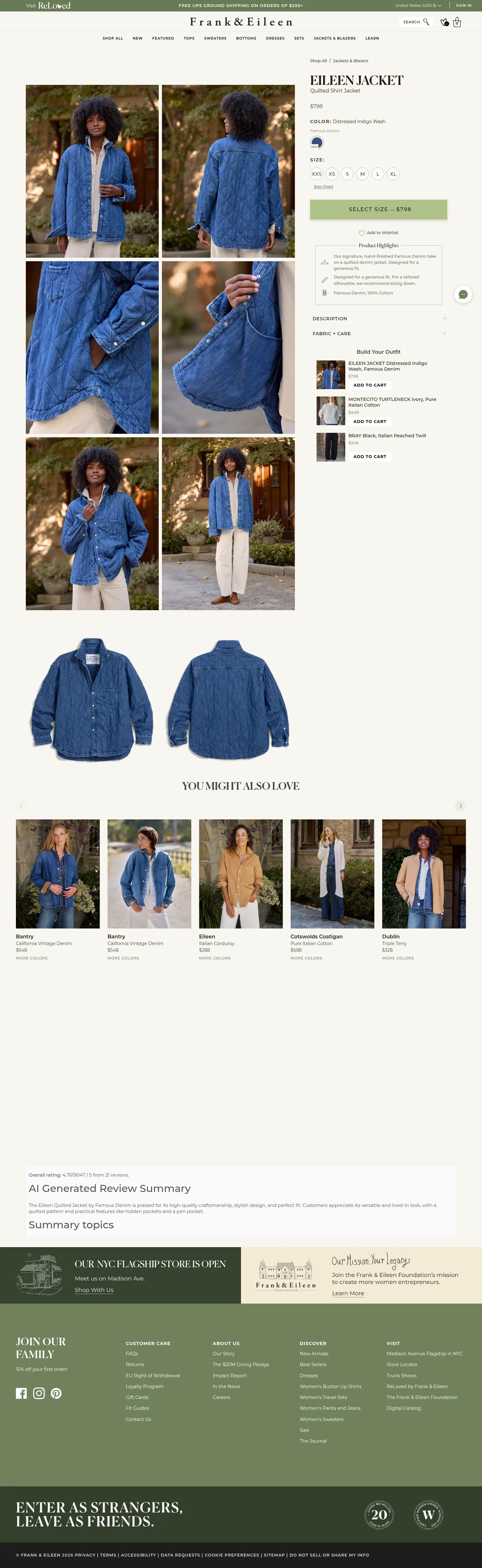 frankandeileen.com/products/eileen-jacket-distressed-indigo-wash-famous-denim on desktop, full screenshot