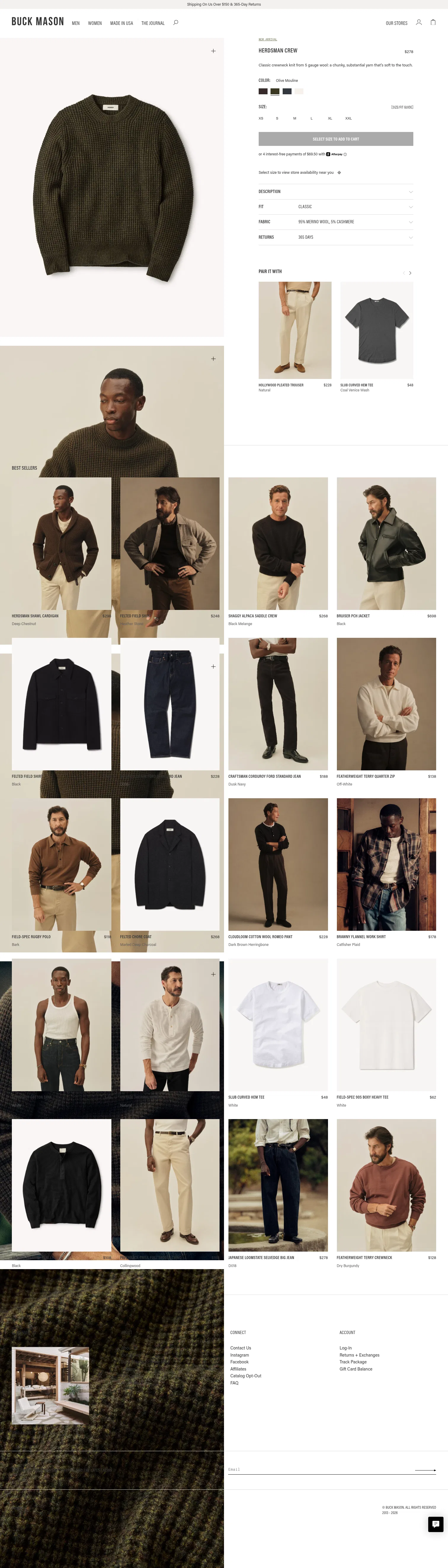 buckmason.com/products/olive-mouline-herdsman-crew on desktop, full screenshot