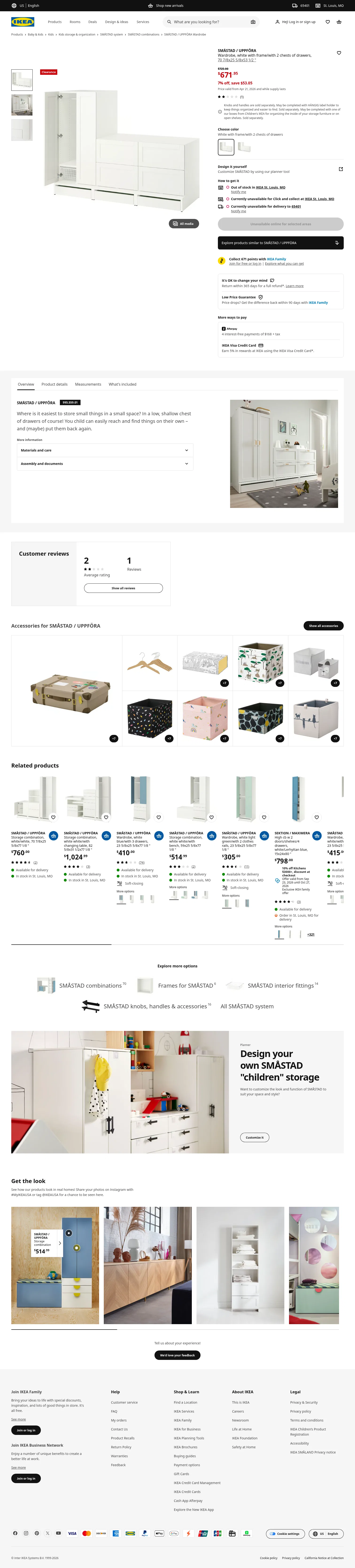 ikea.com/us/en/p/smastad-uppfoera-wardrobe-white-with-frame-with-2-chests-of-drawers-s99555901 on desktop, full screenshot