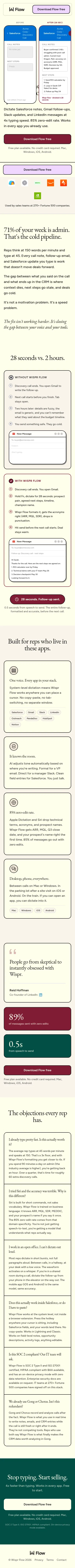 try.wisprflow.ai/lp/download-sales on mobile, full screenshot