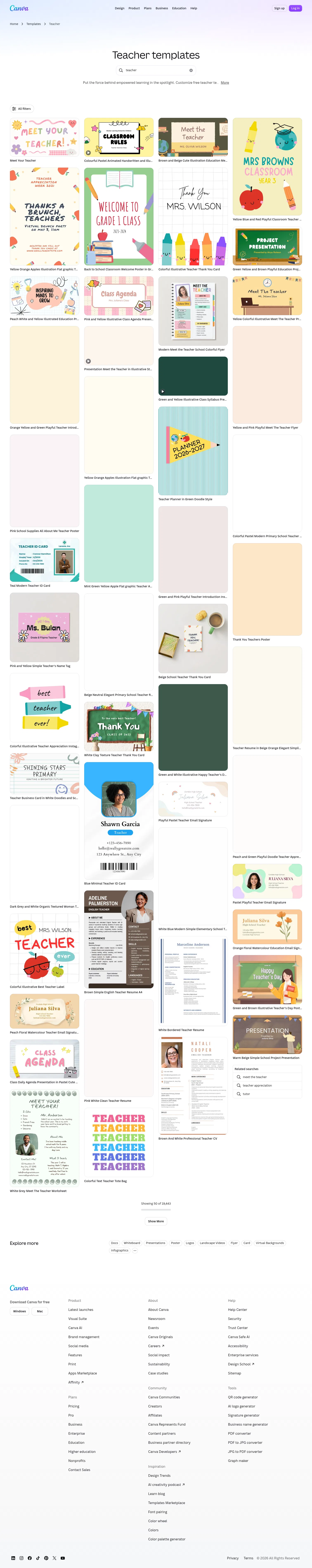 canva.com/templates/s/teacher on desktop, full screenshot