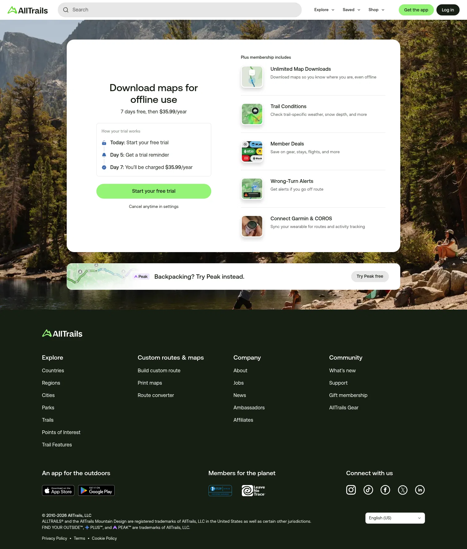 alltrails.com/plans on desktop, full screenshot