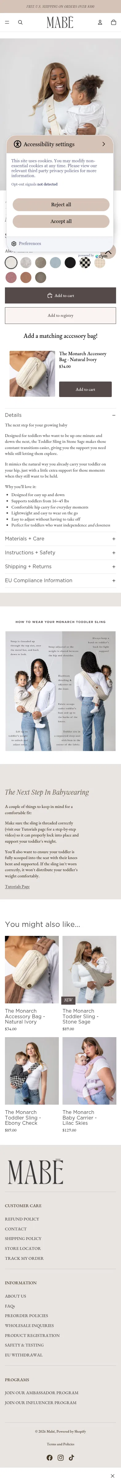 mabeproducts.com/products/the-monarch-toddler-sling-ivory on mobile, full screenshot