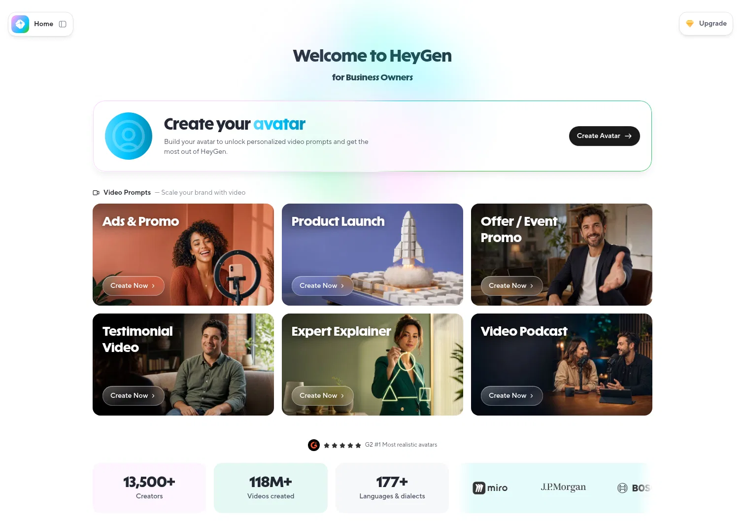app.heygen.com/home/business on desktop, full screenshot