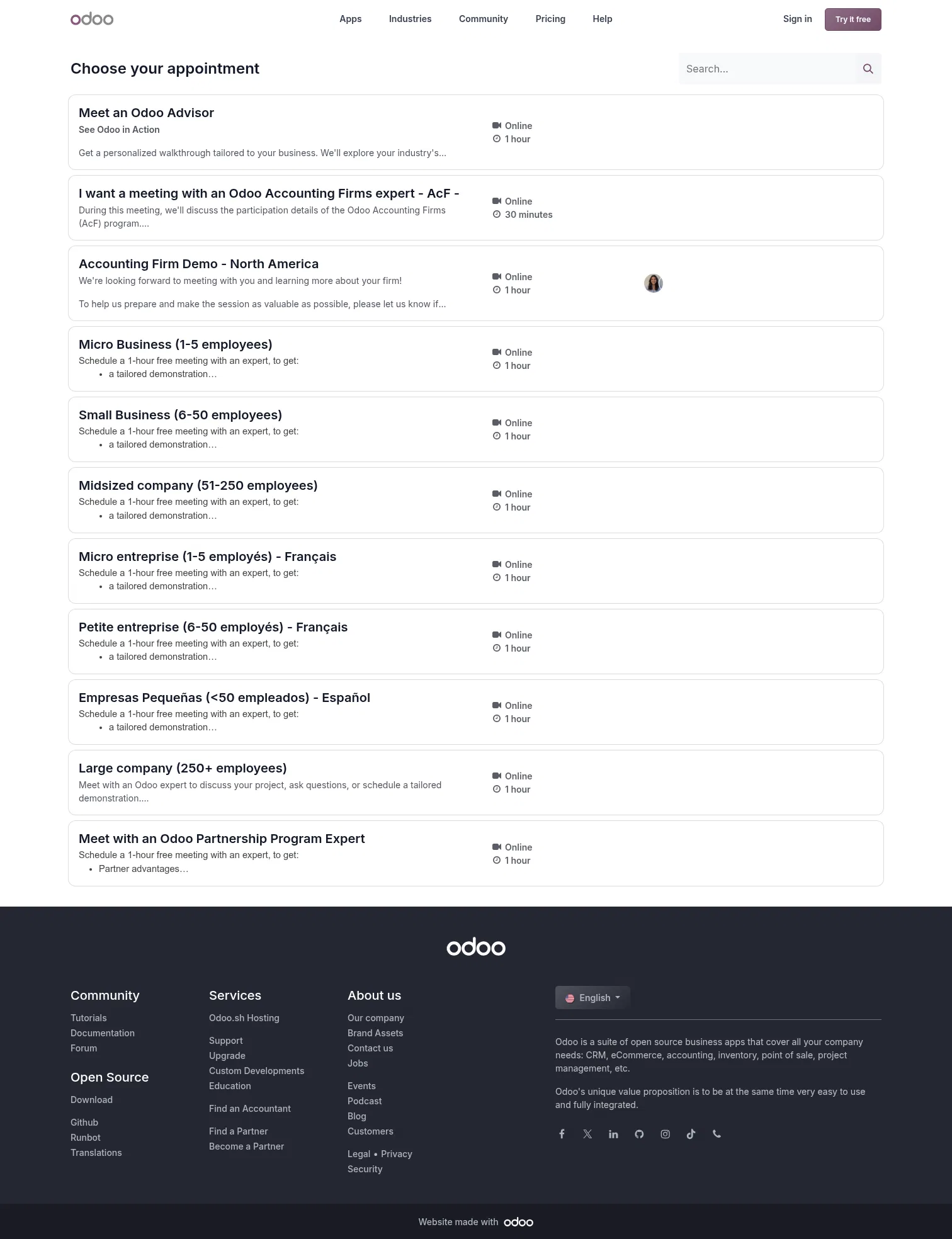 odoo.com/appointment on desktop, full screenshot
