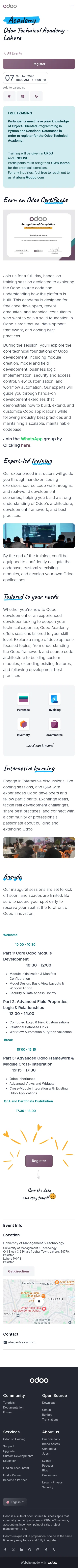 odoo.com/event/odoo-technical-academy-lahore-12784/register on mobile, full screenshot