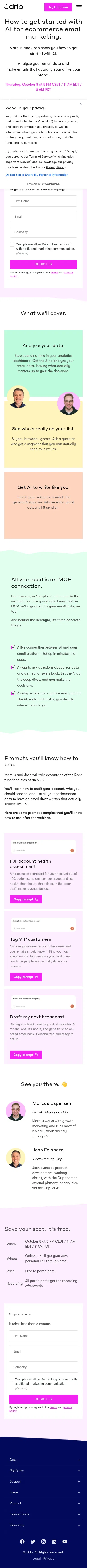 drip.com/ai-email-marketing-webinar-beginner on mobile, full screenshot