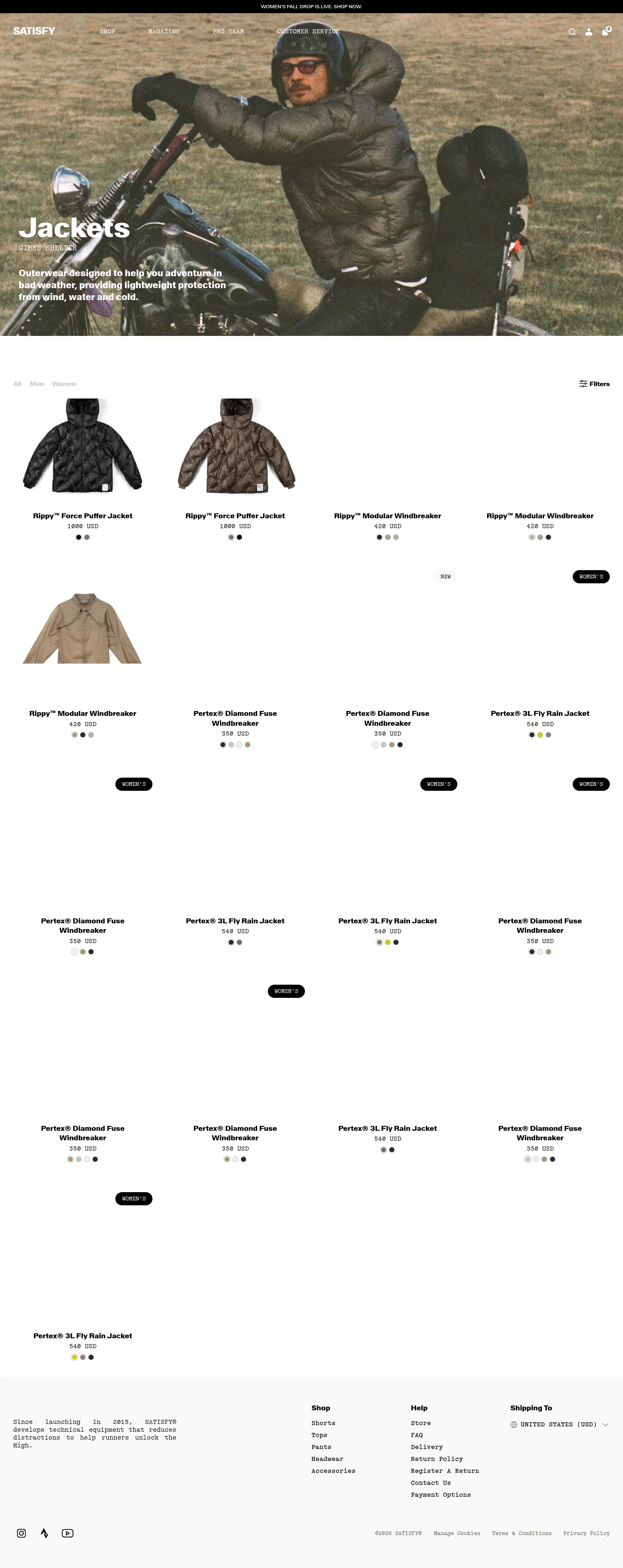 satisfyrunning.com/collections/running-jackets on desktop, full screenshot