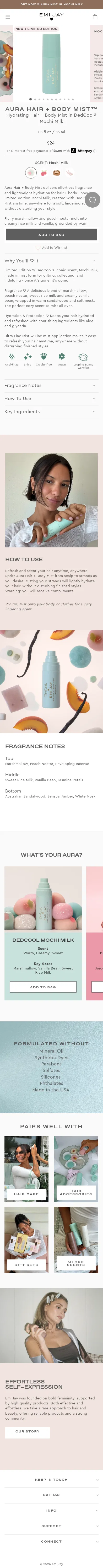 emijay.com/products/aura-scented-hair-body-mist-in-mochi-milk on mobile, full screenshot