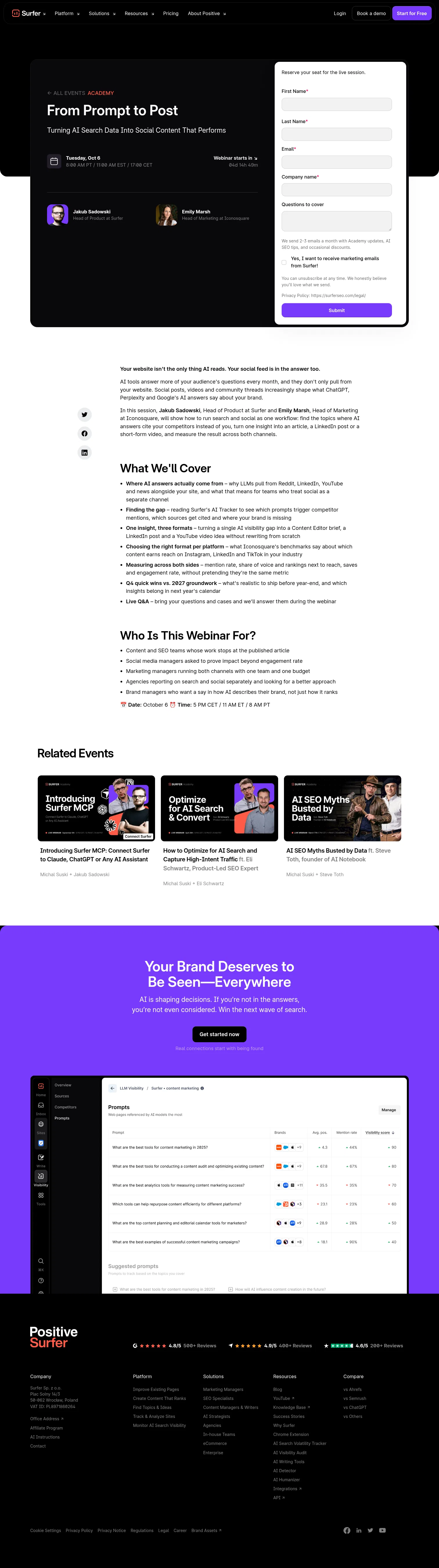 surferseo.com/events/from-prompt-to-post on desktop, full screenshot