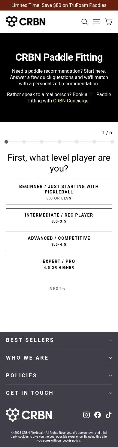 crbnpickleball.com/pages/crbn-paddle-finder on mobile