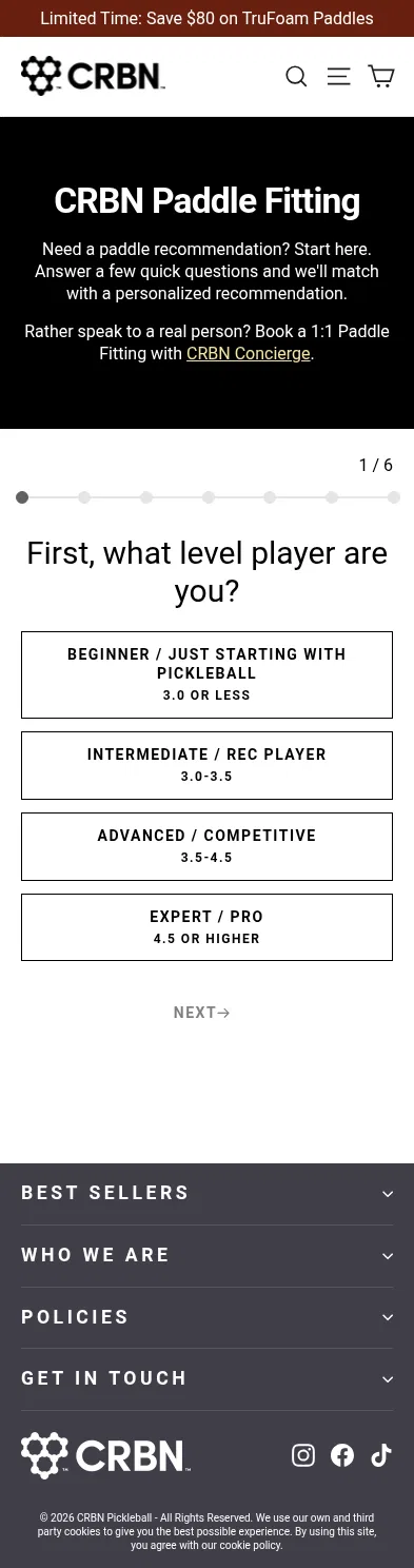 crbnpickleball.com/pages/crbn-paddle-finder on mobile, full screenshot
