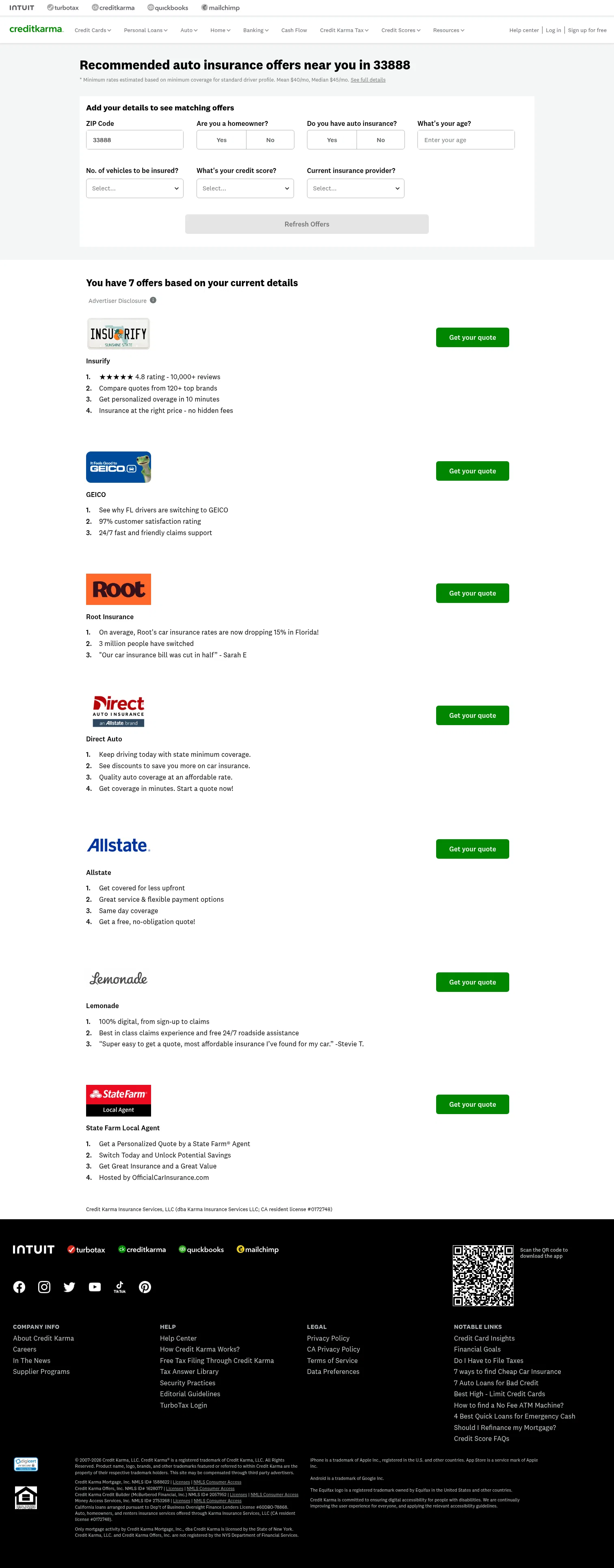 creditkarma.com/auto/insurance/shop on desktop, full screenshot