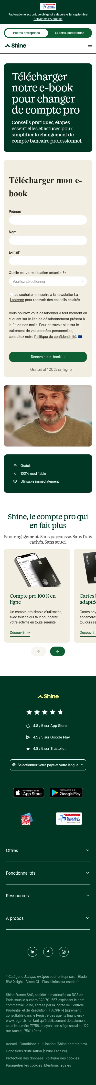 shine.fr/ebook-changer-compte-pro on mobile, full screenshot