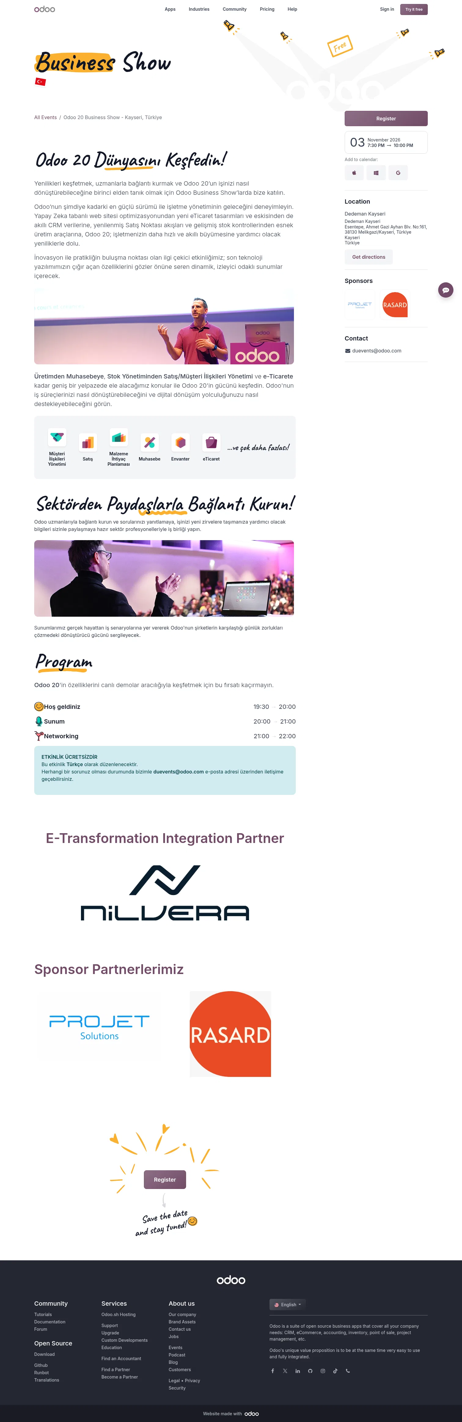 odoo.com/event/odoo-20-business-show-kayseri-turkiye-11865/register on desktop, full screenshot