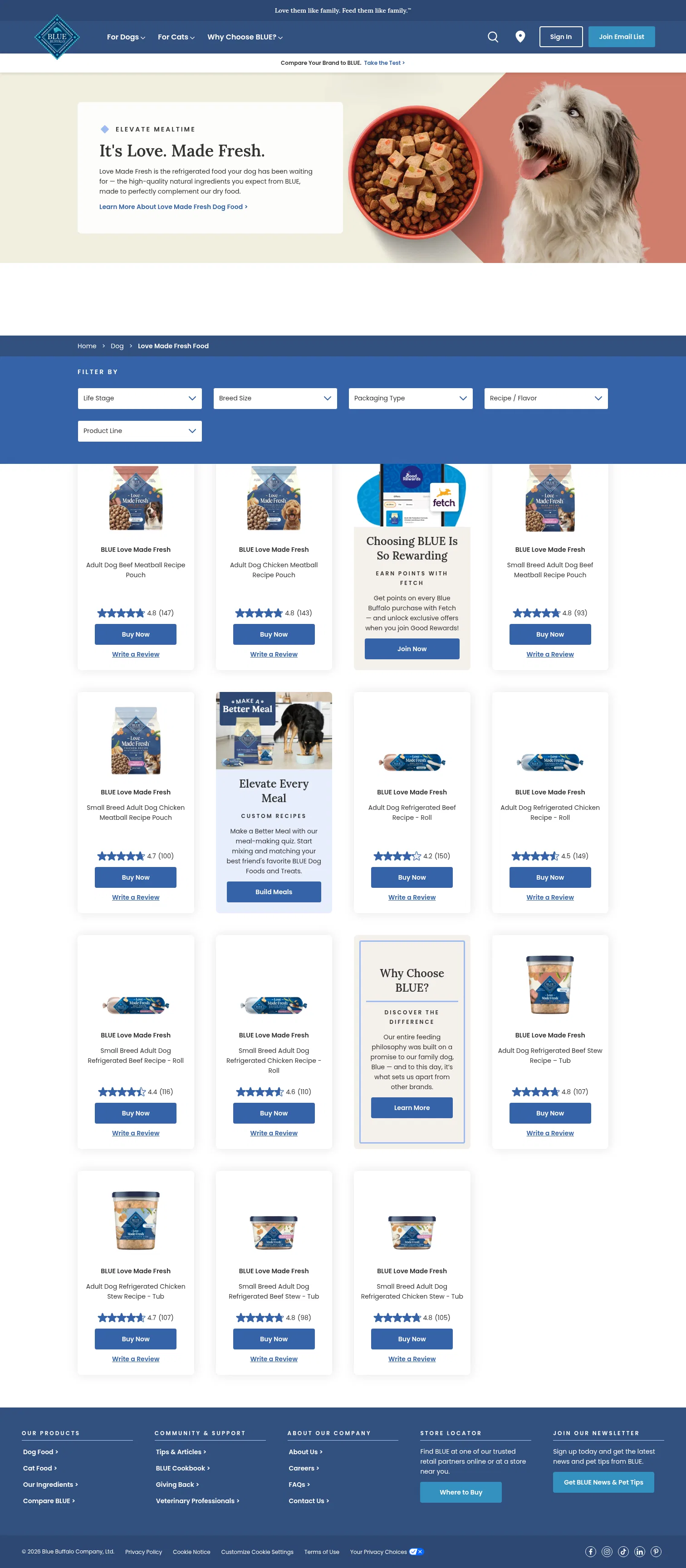 bluebuffalo.com/product-finder/dog/love-made-fresh-food on desktop, full screenshot