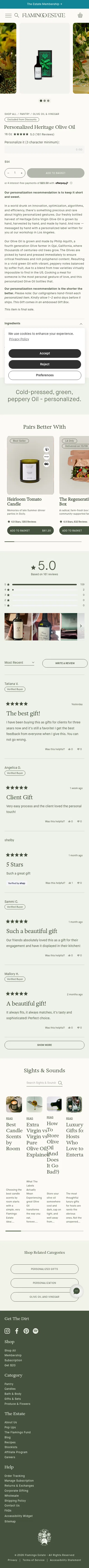 flamingoestate.com/products/personalized-heritage-extra-virgin-olive-oil on mobile, full screenshot