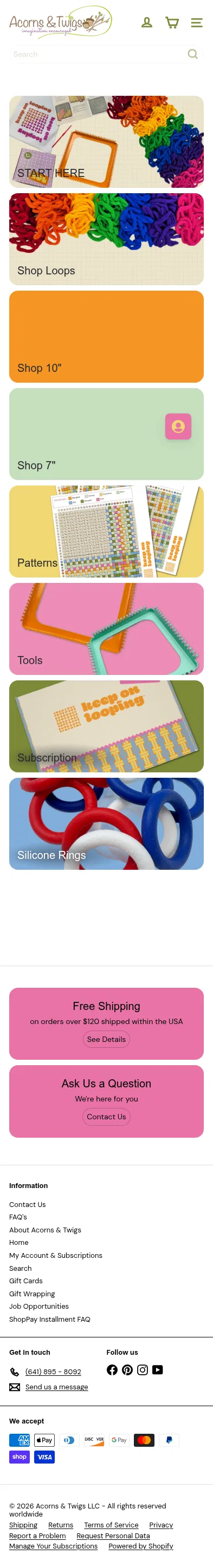 acornsandtwigs.com/collections/potholder-weaving on mobile, full screenshot