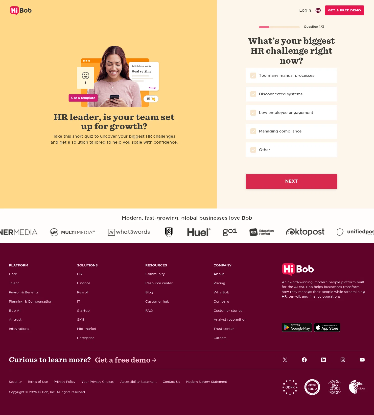 HiBob landing page