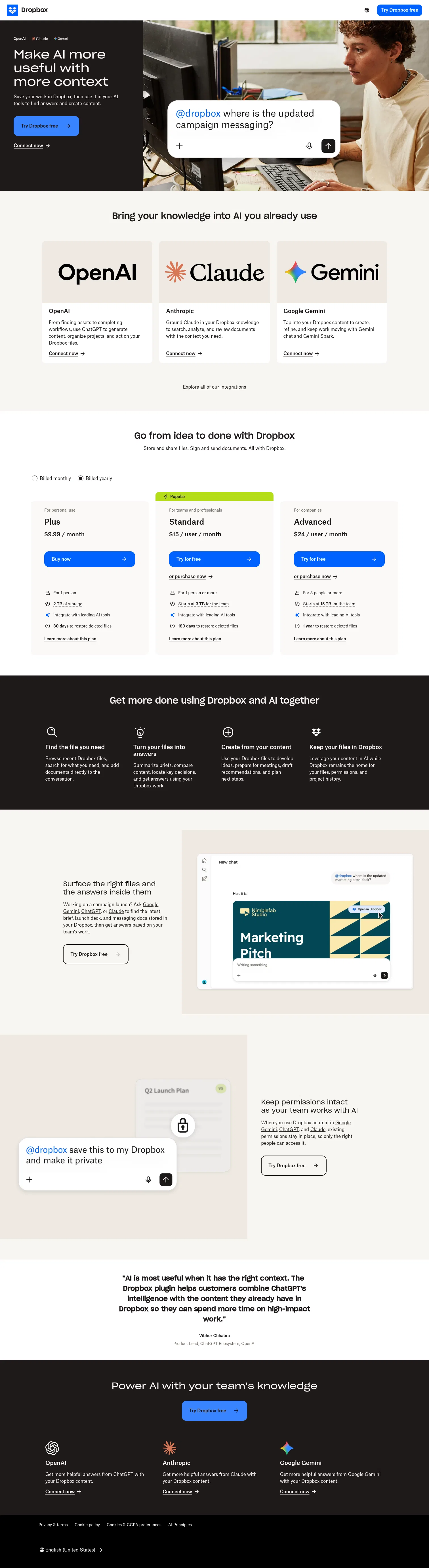 dropbox.com/campaigns/ai-integrations on desktop, full screenshot