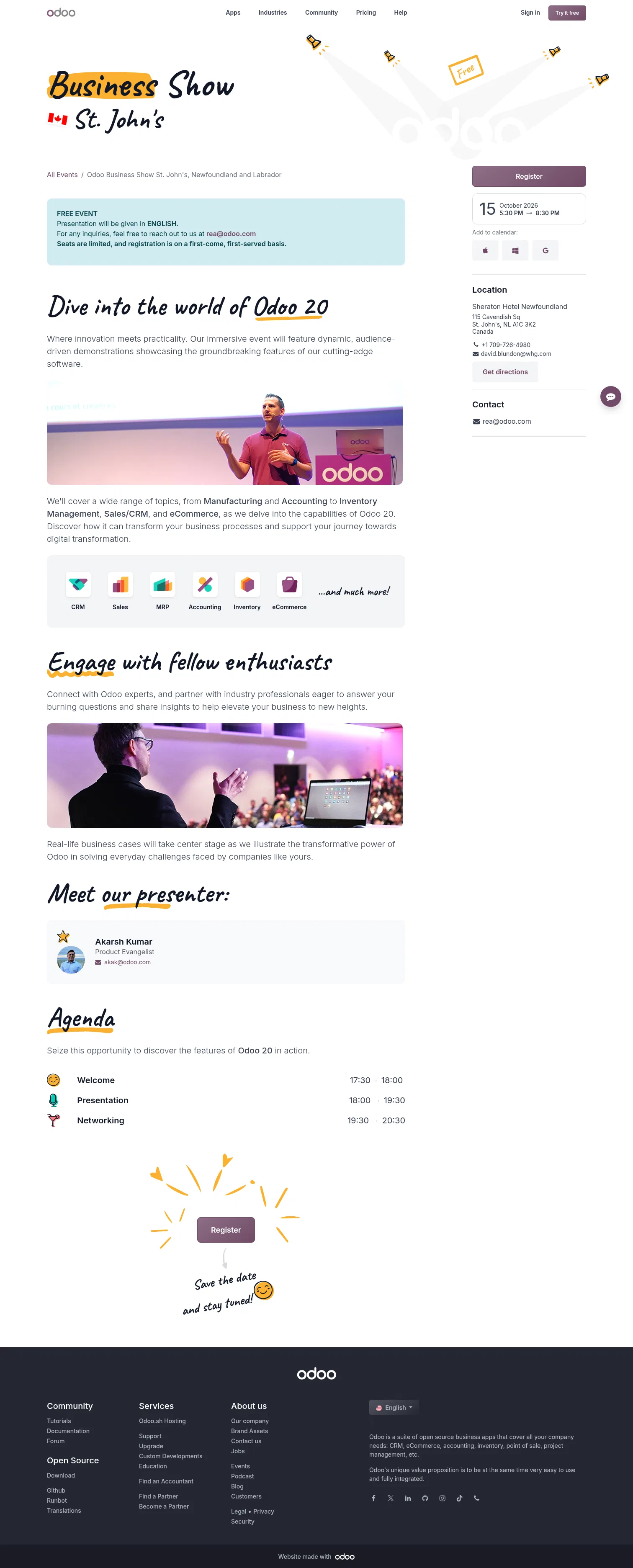 odoo.com/event/odoo-business-show-st-john-s-newfoundland-and-labrador-12470/register on desktop, full screenshot