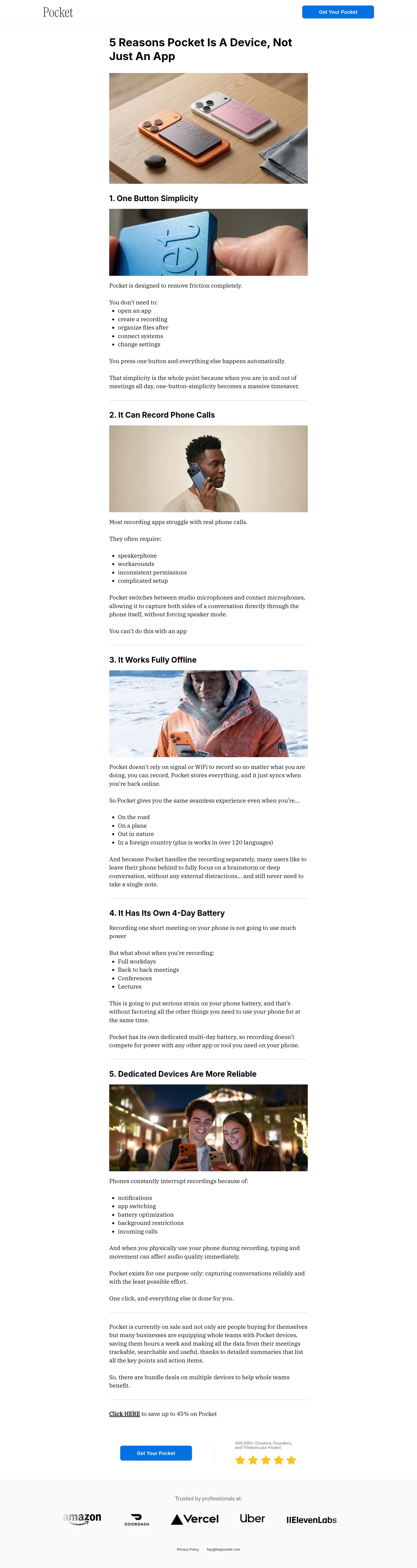 heypocket.com/pages/why-isnt-pocket-just-an-app on desktop, full screenshot