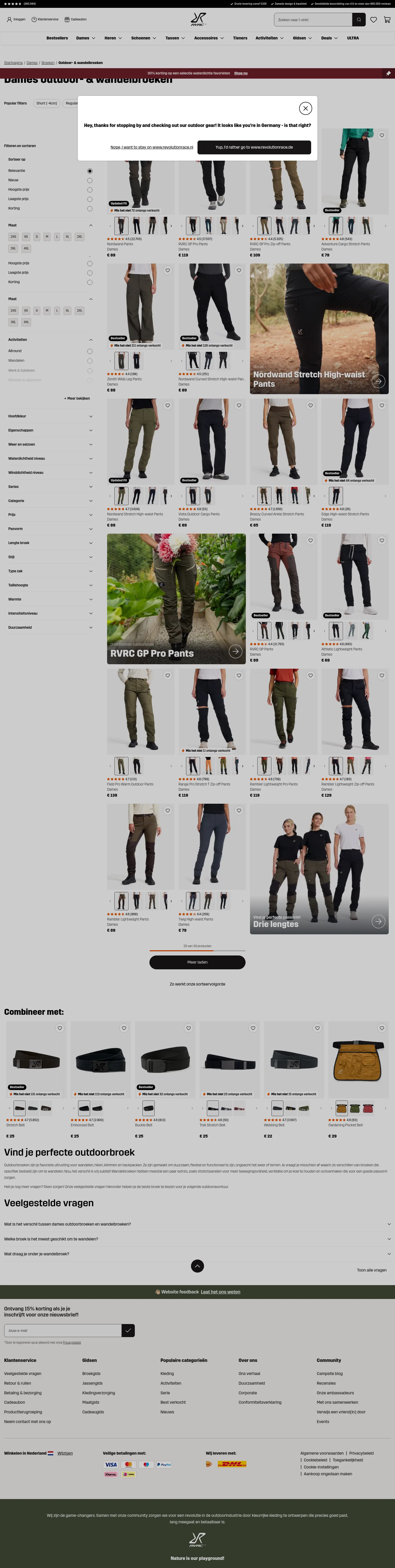 revolutionrace.nl/dames/broeken/outdoor-wandelbroeken on desktop, full screenshot