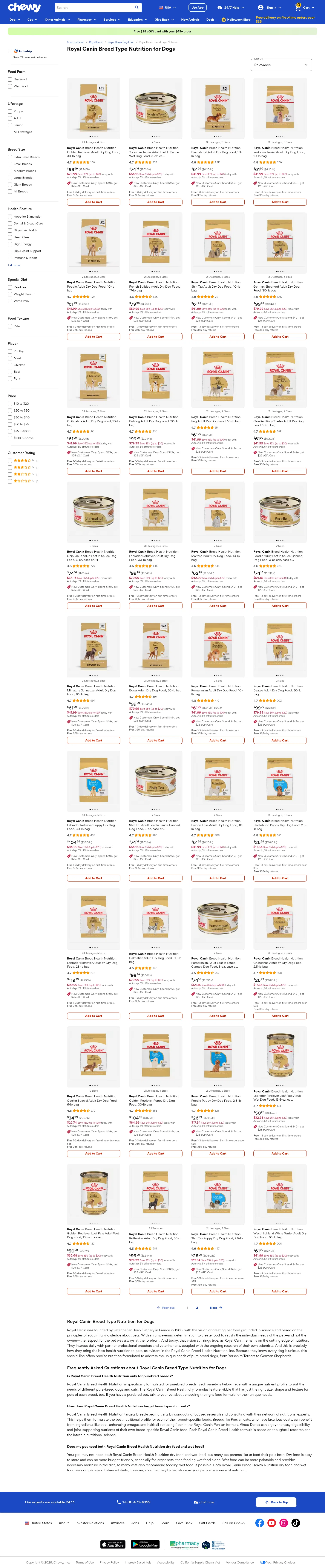 chewy.com/brands/royal-canin-breed-type-nutrition-7488 on desktop, full screenshot