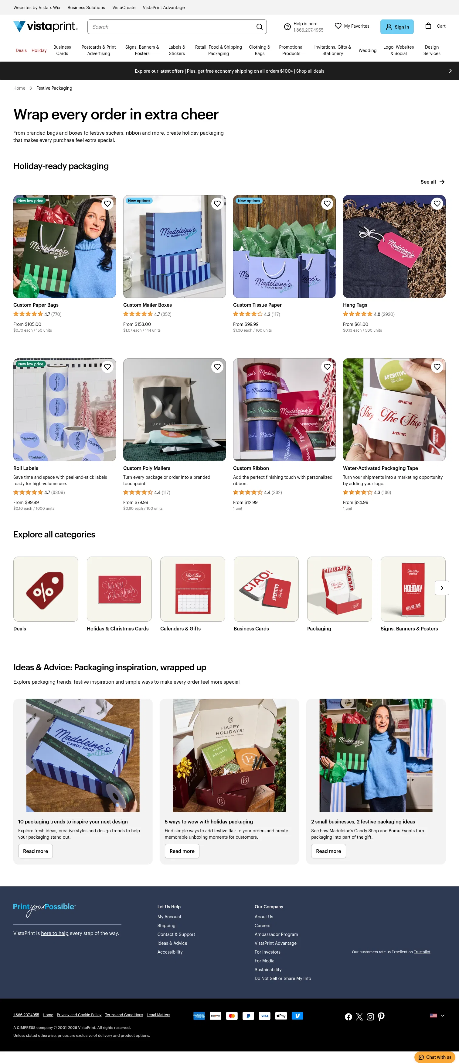 vistaprint.com/festive-packaging on desktop, full screenshot