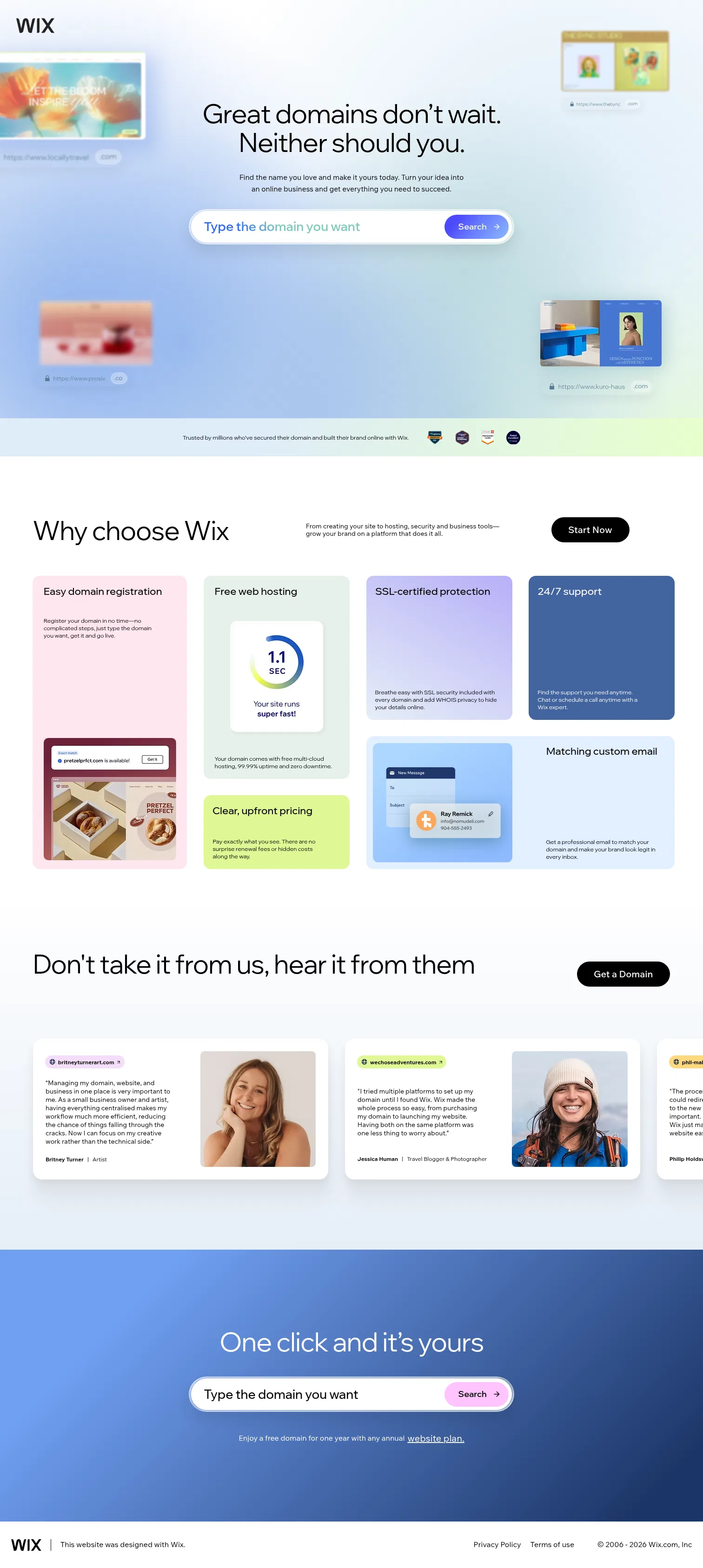 wix.com/lp-en/domain-now on desktop, full screenshot
