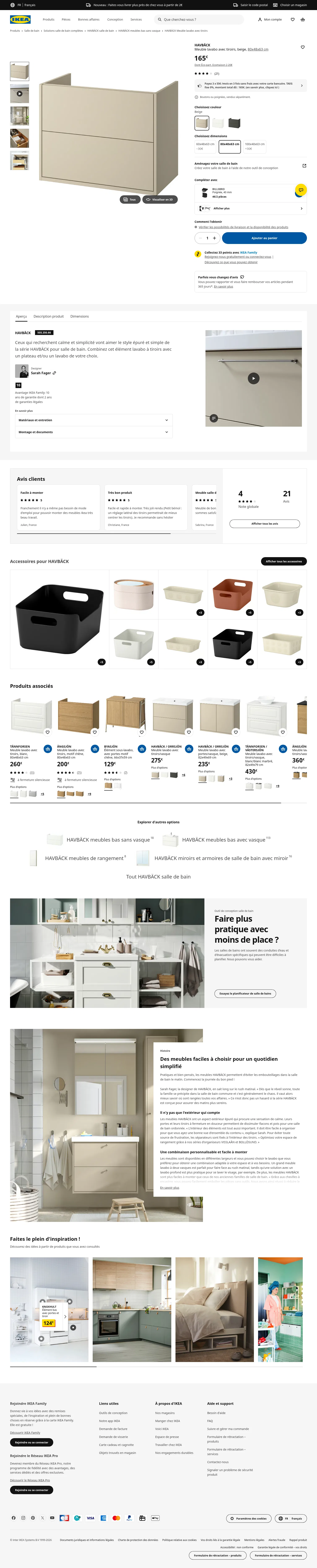 ikea.com/fr/fr/p/havbaeck-meuble-lavabo-avec-tiroirs-beige-50535066 on desktop, full screenshot