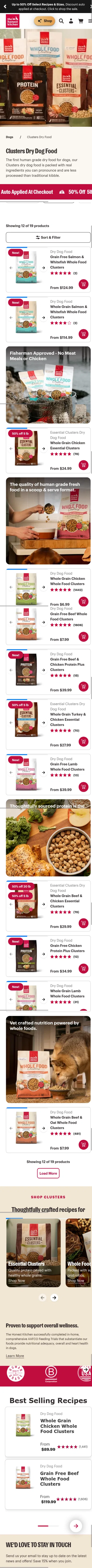 thehonestkitchen.com/collections/shop-dry-dog-food-clusters on mobile, full screenshot