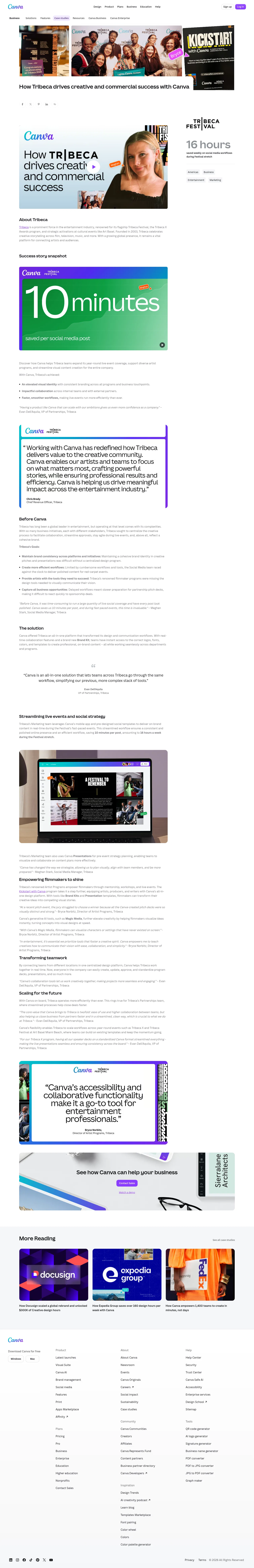 canva.com/business/case-studies/tribeca-festival on desktop, full screenshot