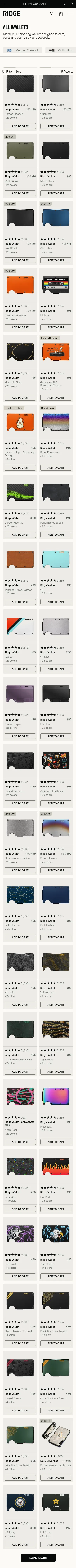 ridge.com/collections/wallets on mobile, full screenshot