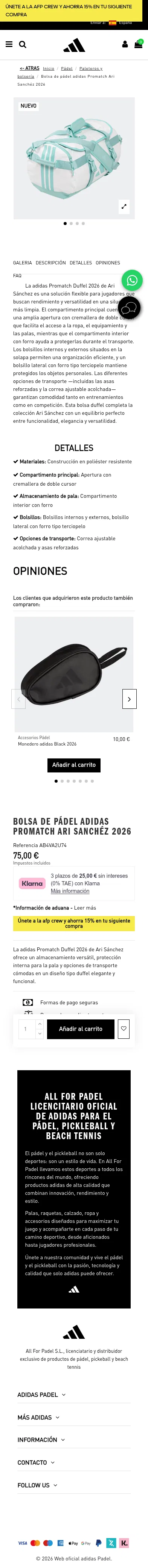 allforpadel.com/es/paleteros-y-bolseria/7798-bolsa-de-padel-adidas-promatch-ari-sanchez-2026-8435739409770.html on mobile, full screenshot