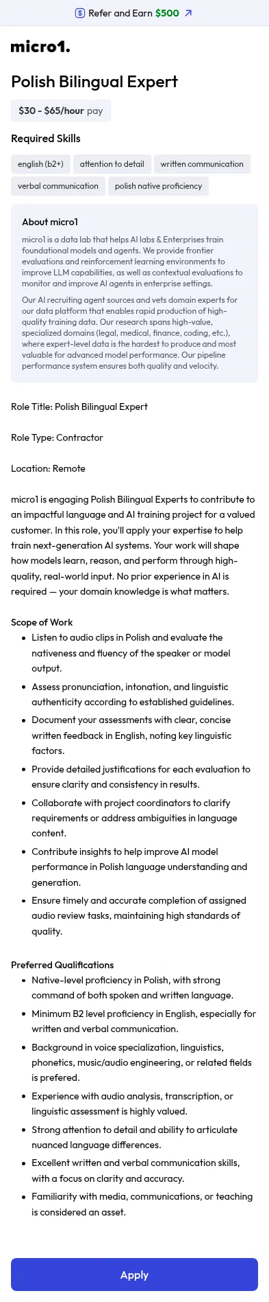 jobs.micro1.ai/post/5c02f61b-b2b2-46a6-a058-26a1f6e64cf7 on mobile, full screenshot