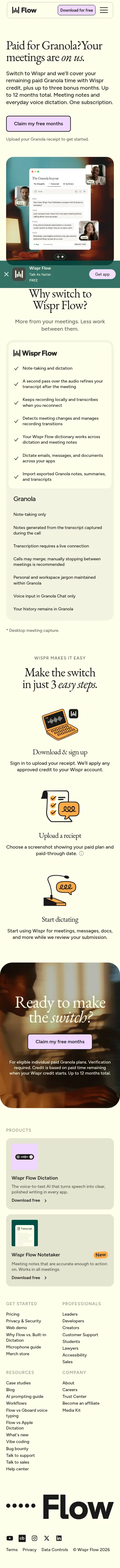 wisprflow.ai/granola-switch on mobile, full screenshot