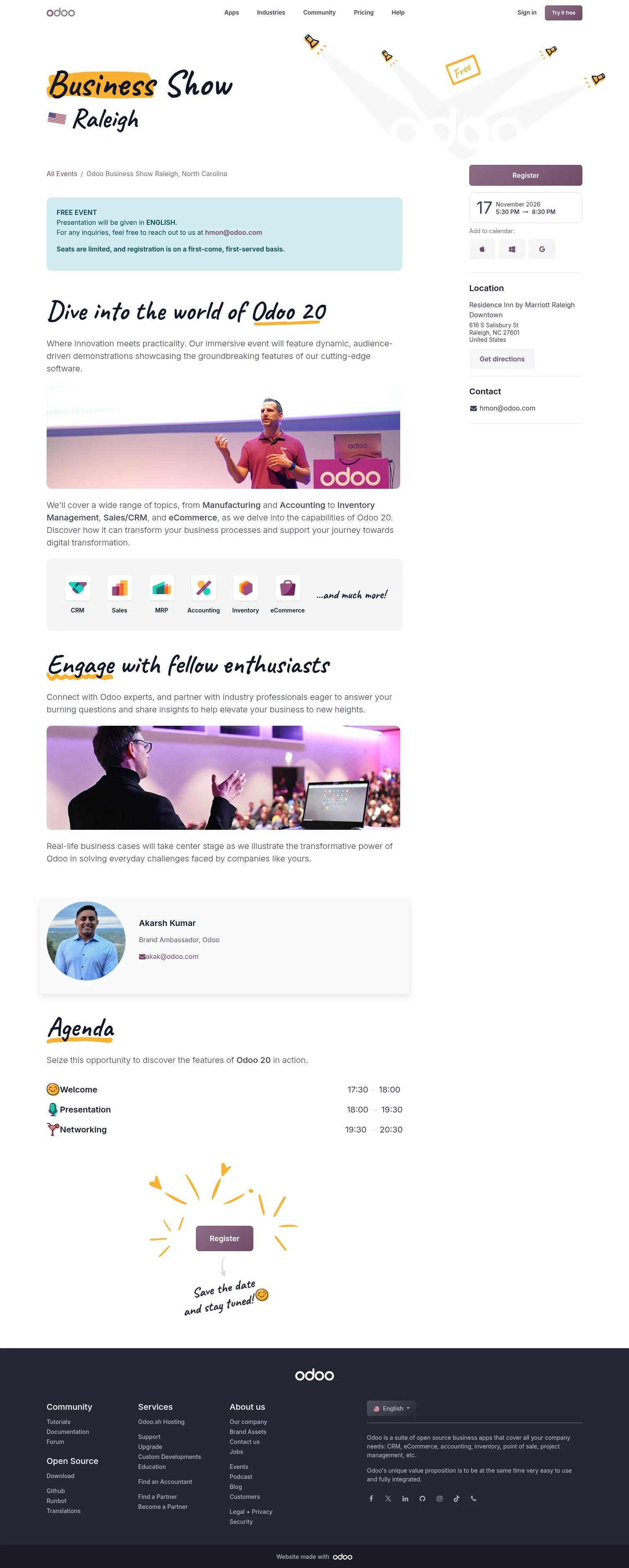 odoo.com/event/odoo-business-show-raleigh-north-carolina-9585/register on desktop