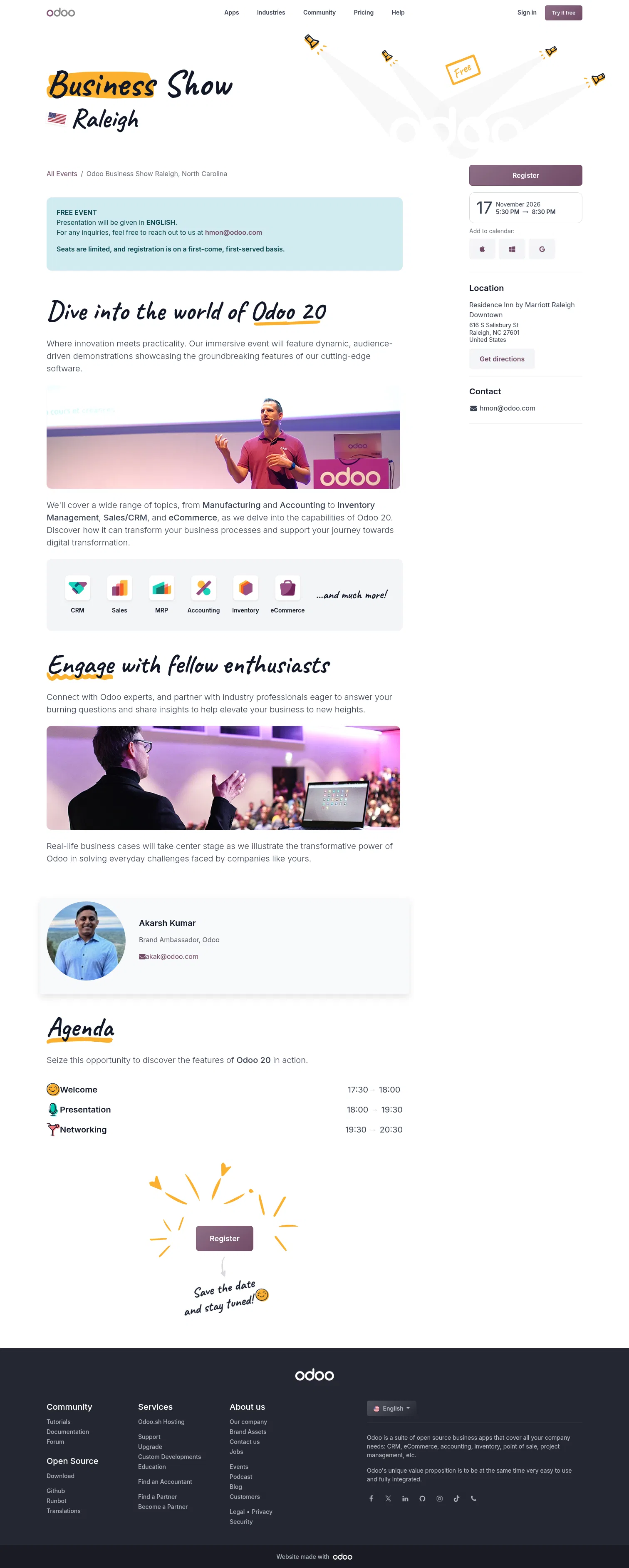odoo.com/event/odoo-business-show-raleigh-north-carolina-9585/register on desktop, full screenshot
