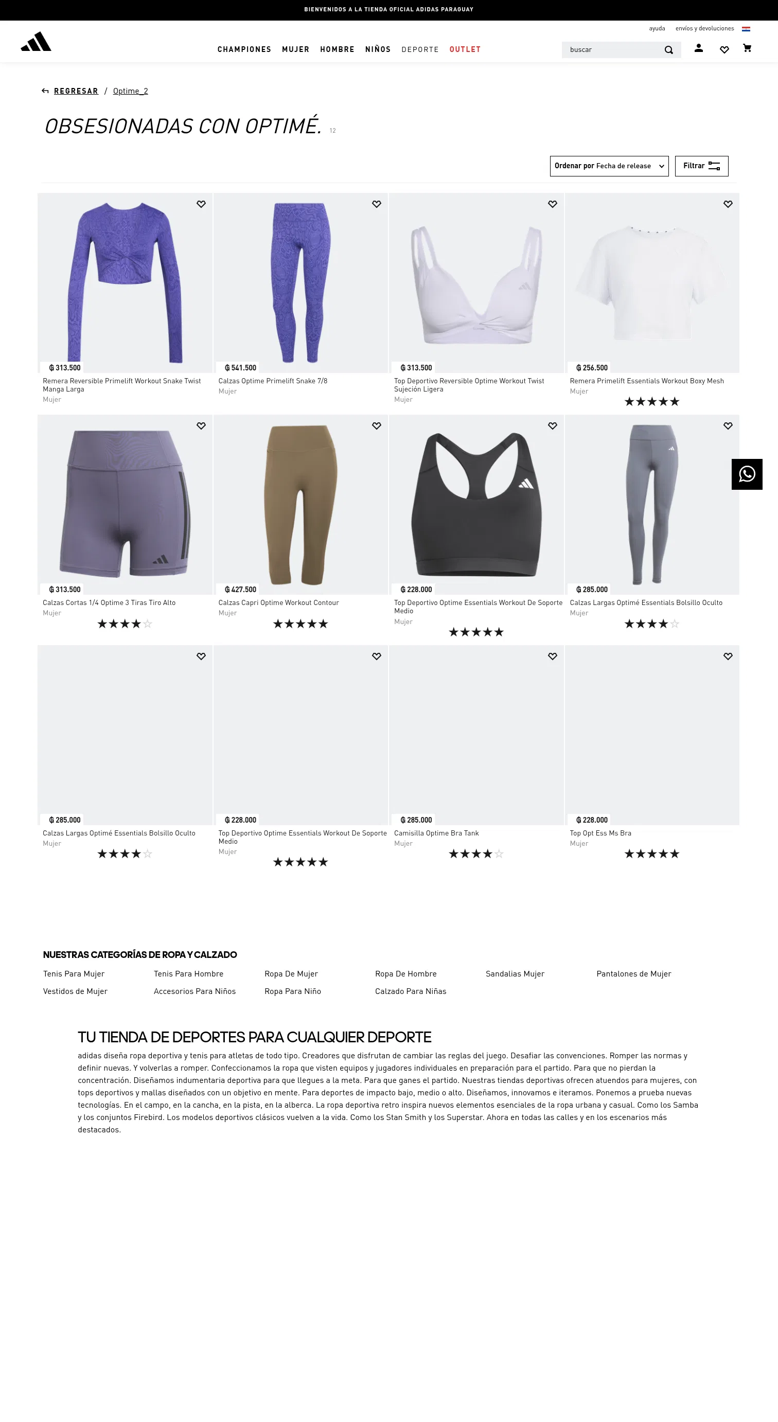 adidas.com.py/obsesionadas-con-optime-adidas-py-tienda-en-linea on desktop, full screenshot