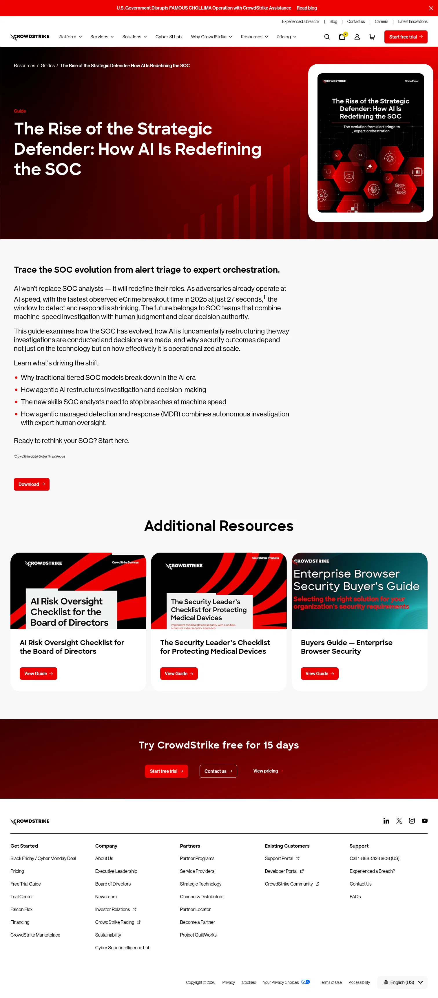 crowdstrike.com/en-us/resources/guides/rise-of-the-strategic-defender-how-ai-is-redefining-the-soc on desktop, full screenshot