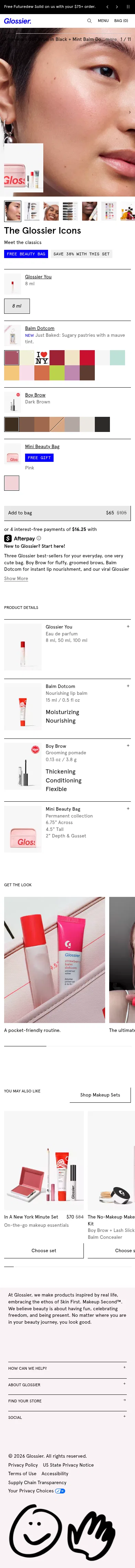glossier.com/products/the-glossier-icons on mobile, full screenshot