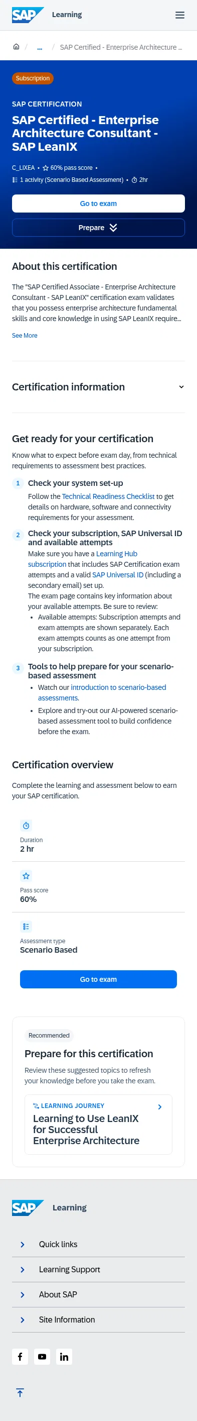 learning.sap.com/certifications/sap-certified-associate-enterprise-architecture-consultant-sap-leanix on mobile, full screenshot