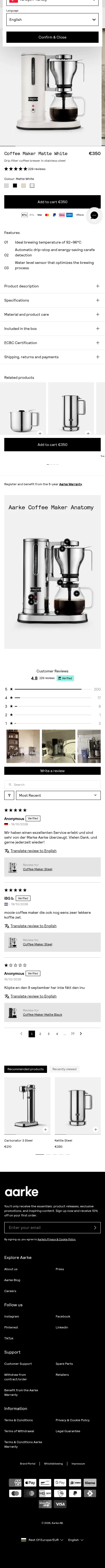 aarke.com/en-roe/products/coffee-maker-matte-white on mobile, full screenshot