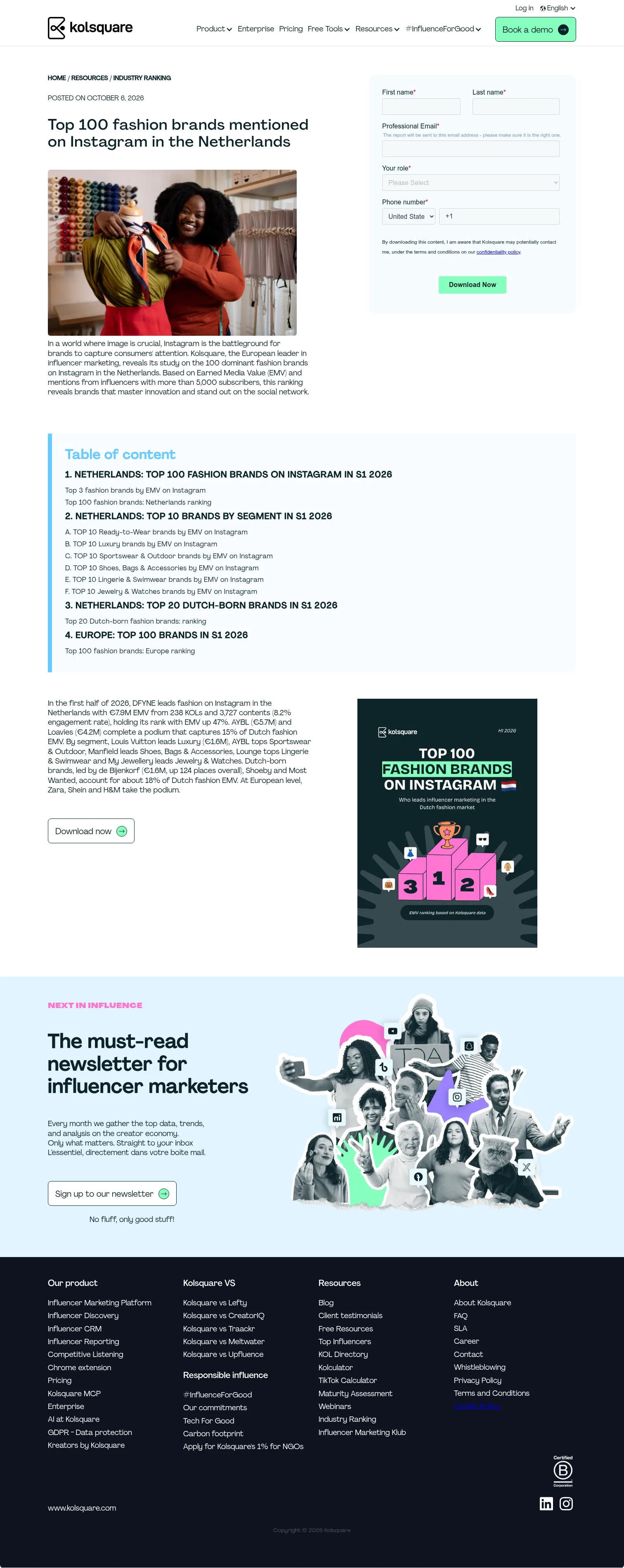 kolsquare.com/en/industry-ranking/top-100-fashion-brands-mentioned-on-instagram-in-the-netherlands on desktop, full screenshot