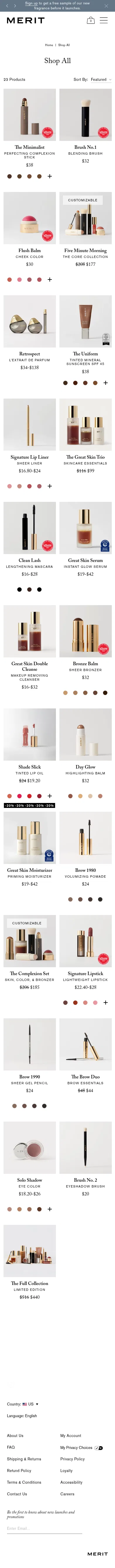 meritbeauty.com/collections/shop-all on mobile, full screenshot