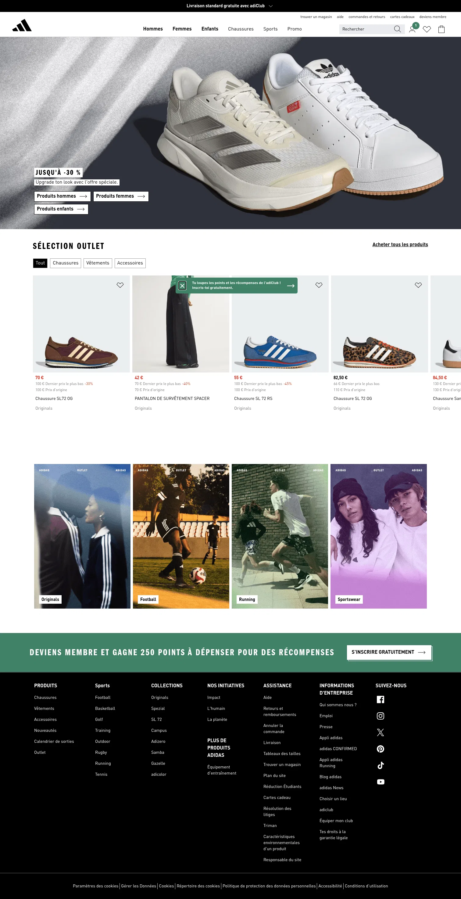 adidas.fr/outlet on desktop, full screenshot