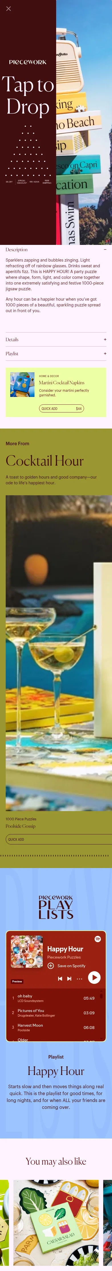 pieceworkpuzzles.com/products/happy-hour on mobile, full screenshot