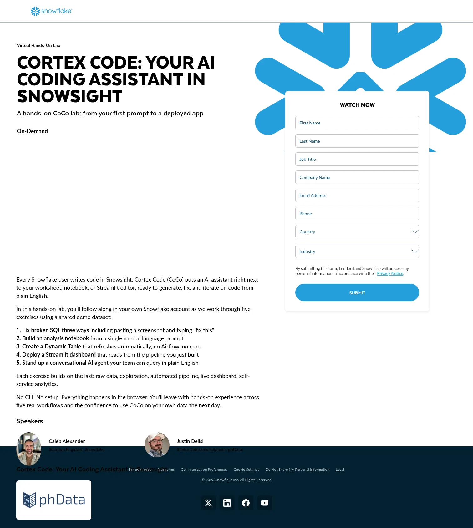 snowflake.com/en/webinars/virtual-hands-on-lab/cortex-code-your-ai-coding-assistant-in-snowsight-2026-04-01 on desktop, full screenshot